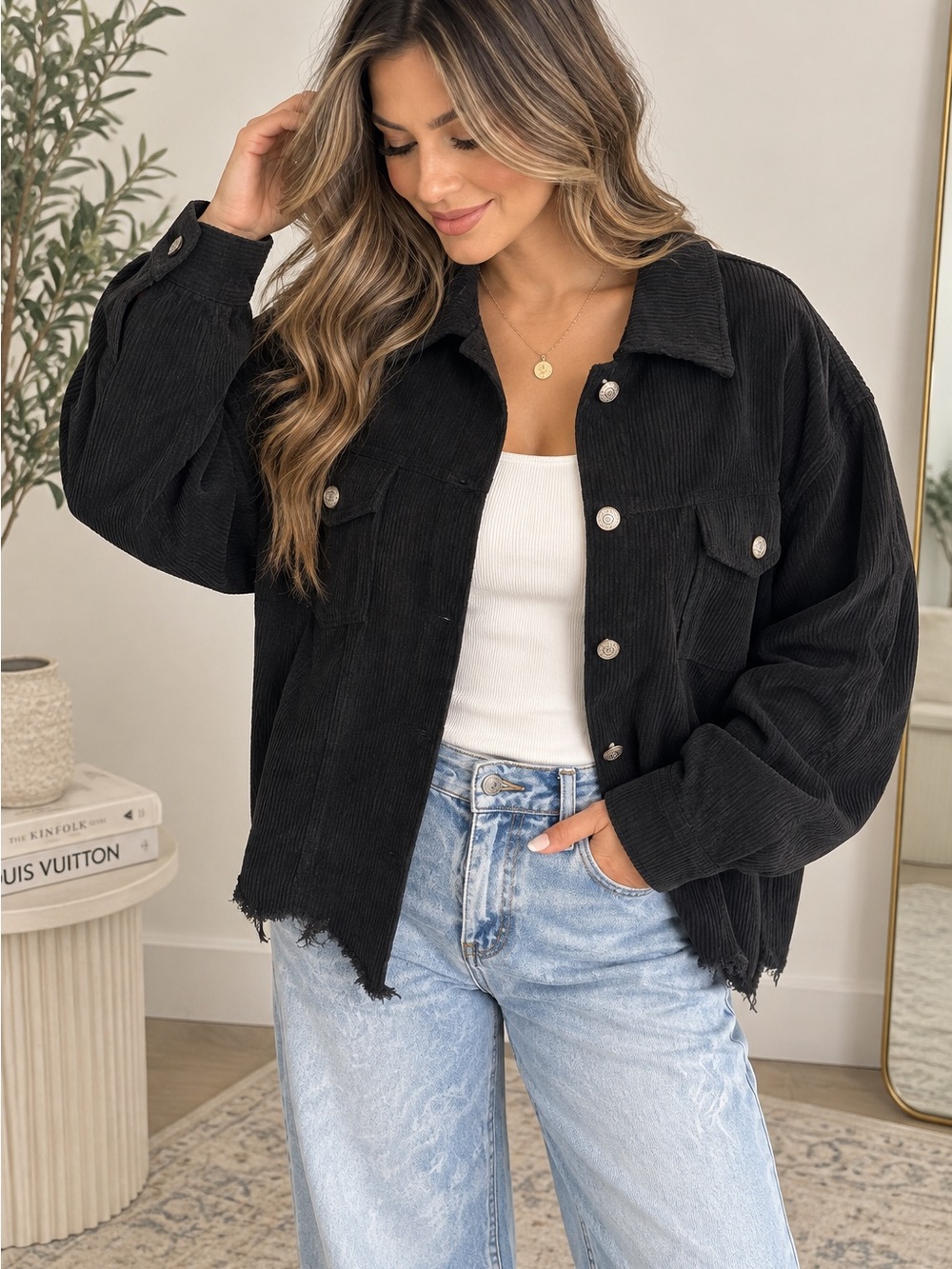 Zenana Black Oversized Corduroy Jacket with Distressed Hem